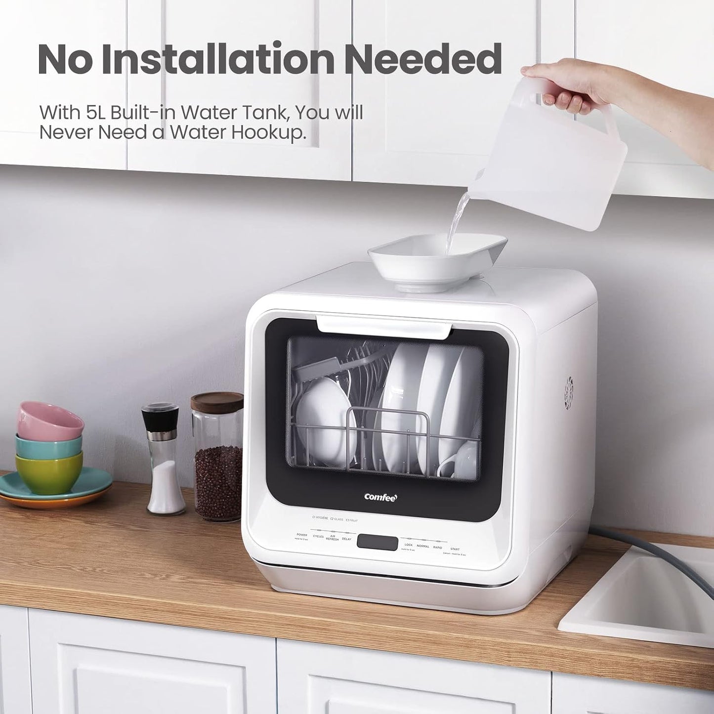 Portable Dishwasher Countertop with 5L Built-In Water Tank, No Hookup Needed, 6 Programs, 360° Dual Spray, 192℉ High-Temp& Air-Dry Function, Mini Dishwasher for Rvs, White