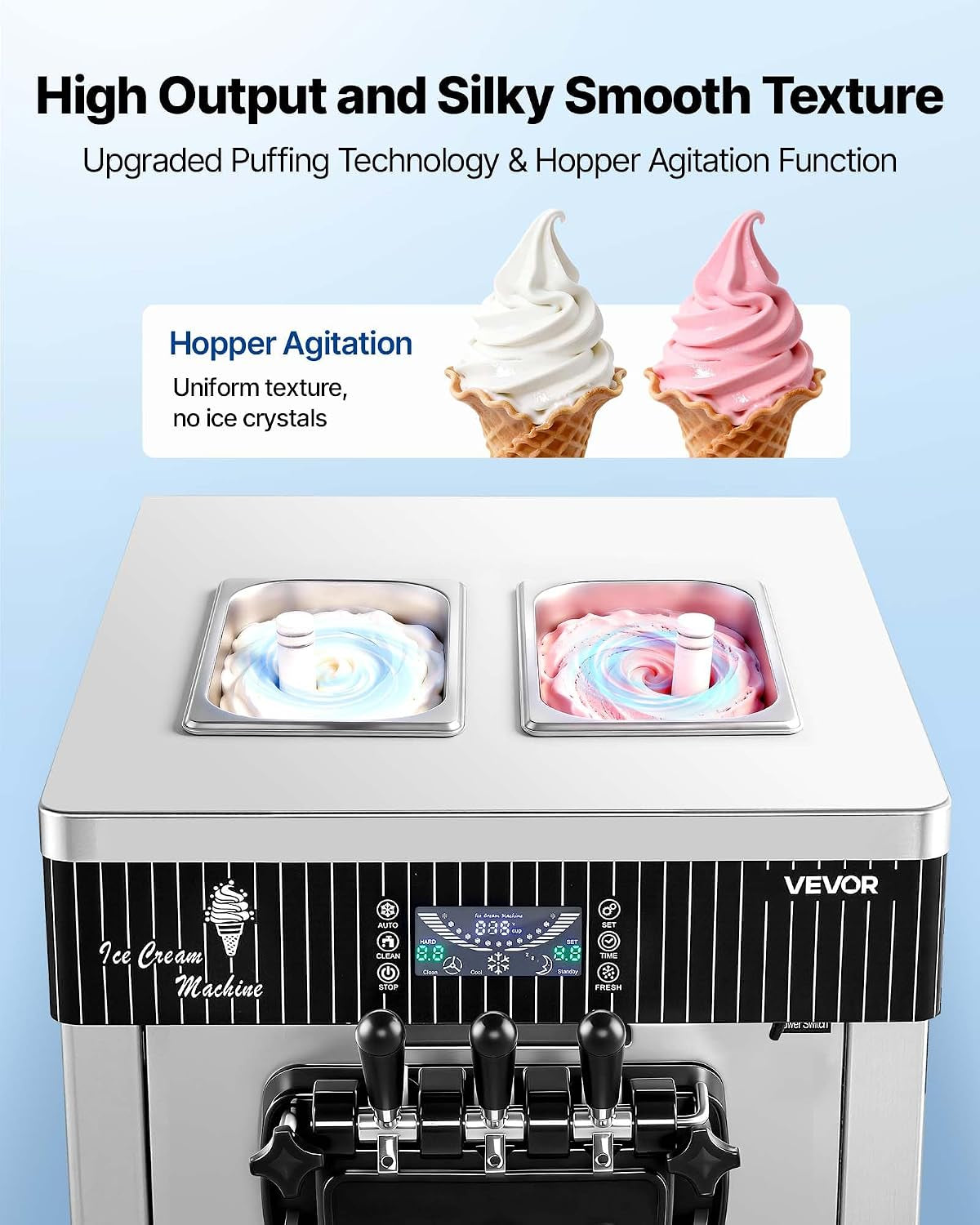 Commercial Ice Cream Machine, 20-28L/H Yield, 2200W 3-Flavor Countertop Soft Serve Ice Cream Maker with 2 X 6L Hoppers & Hopper Agitation, Pre-Cooling Self-Cleaning for Snack Dessert Shops