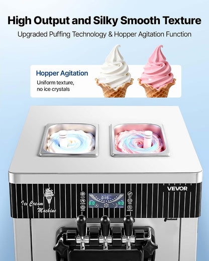 Commercial Ice Cream Machine, 20-28L/H Yield, 2200W 3-Flavor Countertop Soft Serve Ice Cream Maker with 2 X 6L Hoppers & Hopper Agitation, Pre-Cooling Self-Cleaning for Snack Dessert Shops