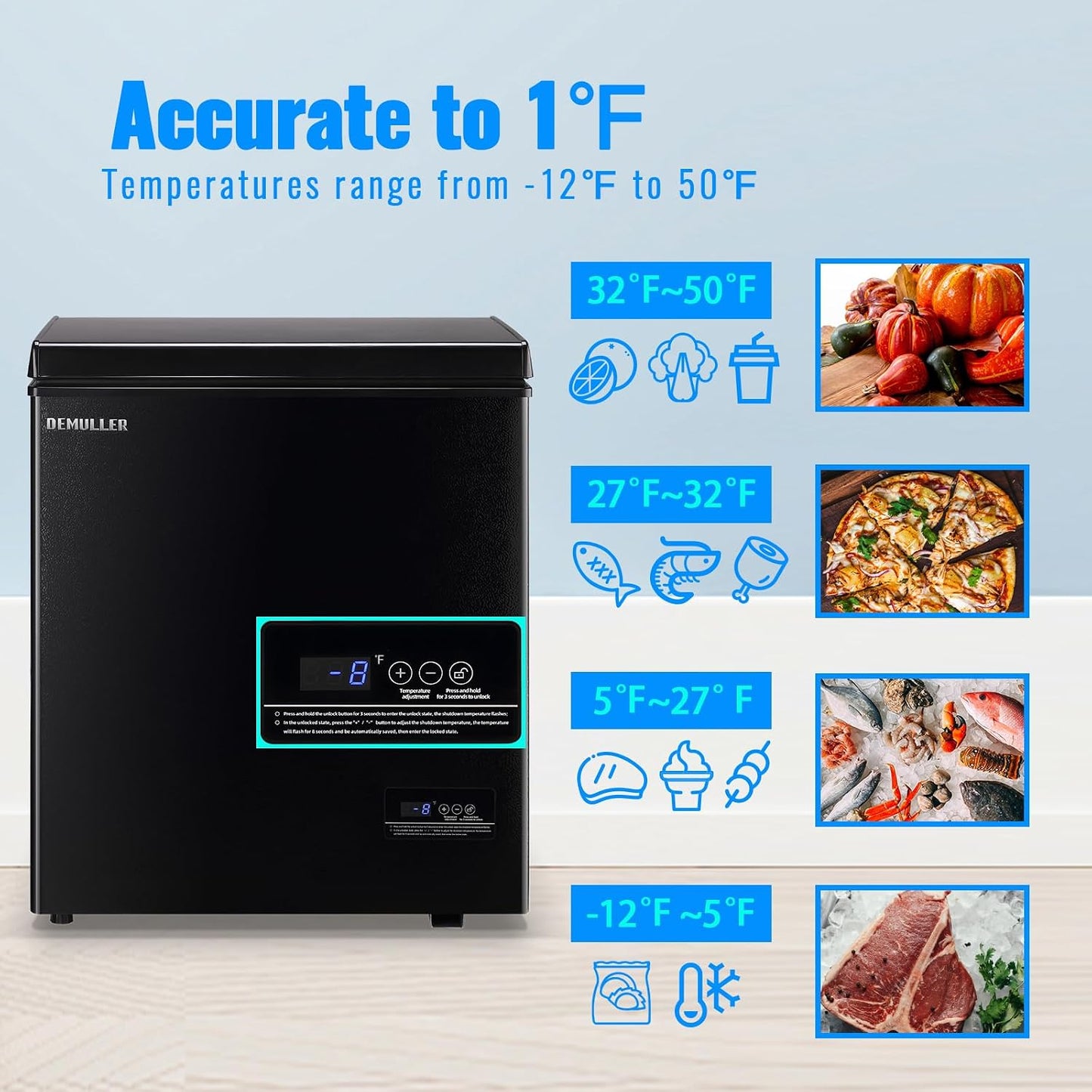 Chest Freezer 4.0 CU. FT Ultra-Low Temperature Deep Freezers (Down to -12 ℉) with TWO Removable Baskets Accurate Display of Cabinet Temp Freestanding Black