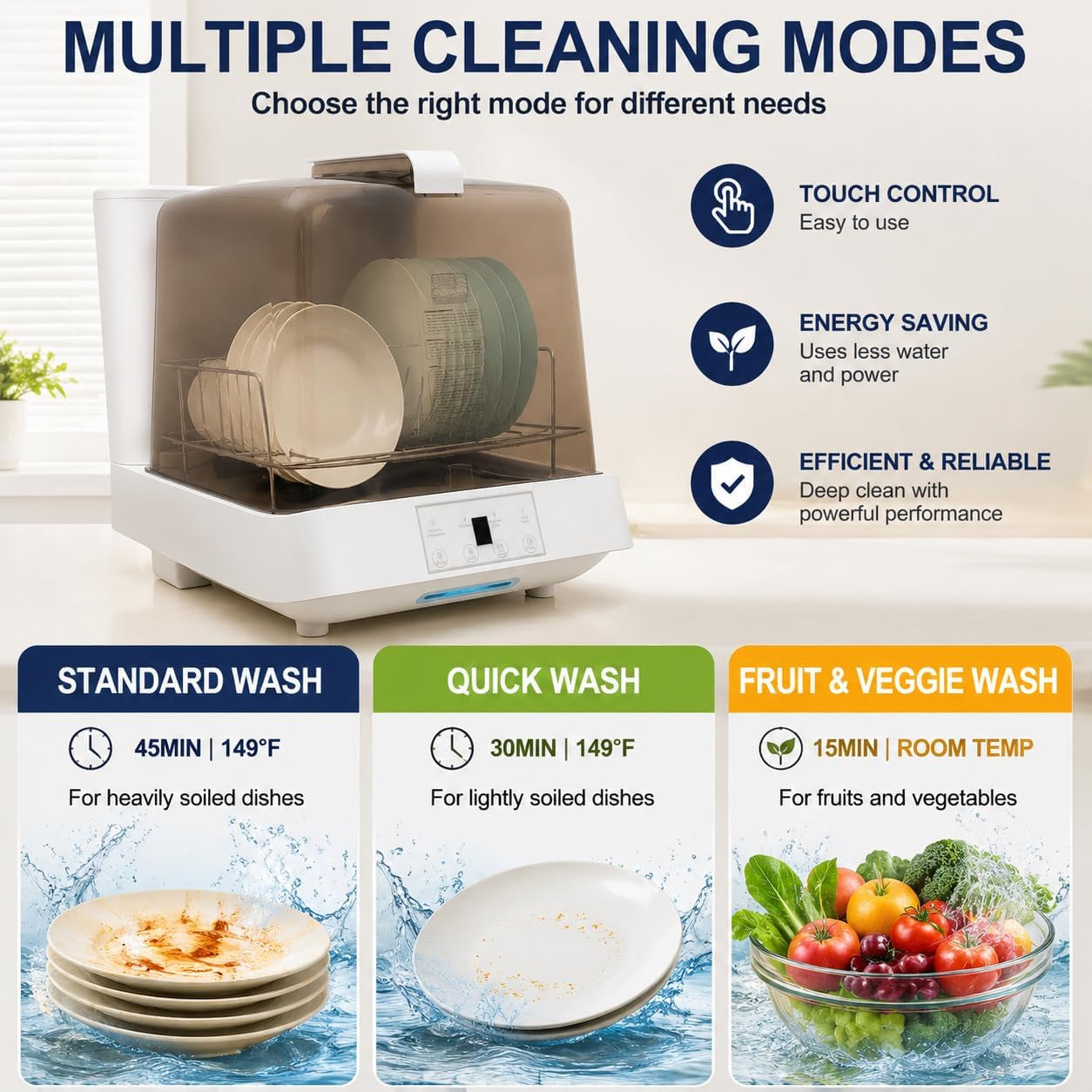 Portable Countertop Dishwasher with Water Tank,3 Modes Mini Multi-Functional Dishwasher, 149°F High-Temp Wash & 360° Spray, Compact Automatic Dishwasher for Apartments, Dorms, Rvs(White/Brown)
