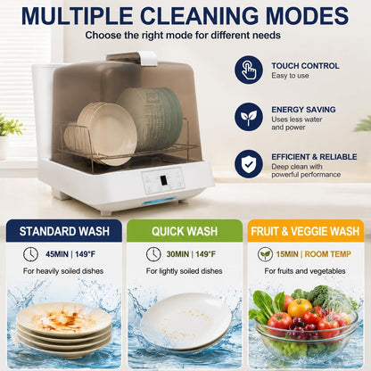 Portable Countertop Dishwasher with Water Tank,3 Modes Mini Multi-Functional Dishwasher, 149°F High-Temp Wash & 360° Spray, Compact Automatic Dishwasher for Apartments, Dorms, Rvs(White/Brown)