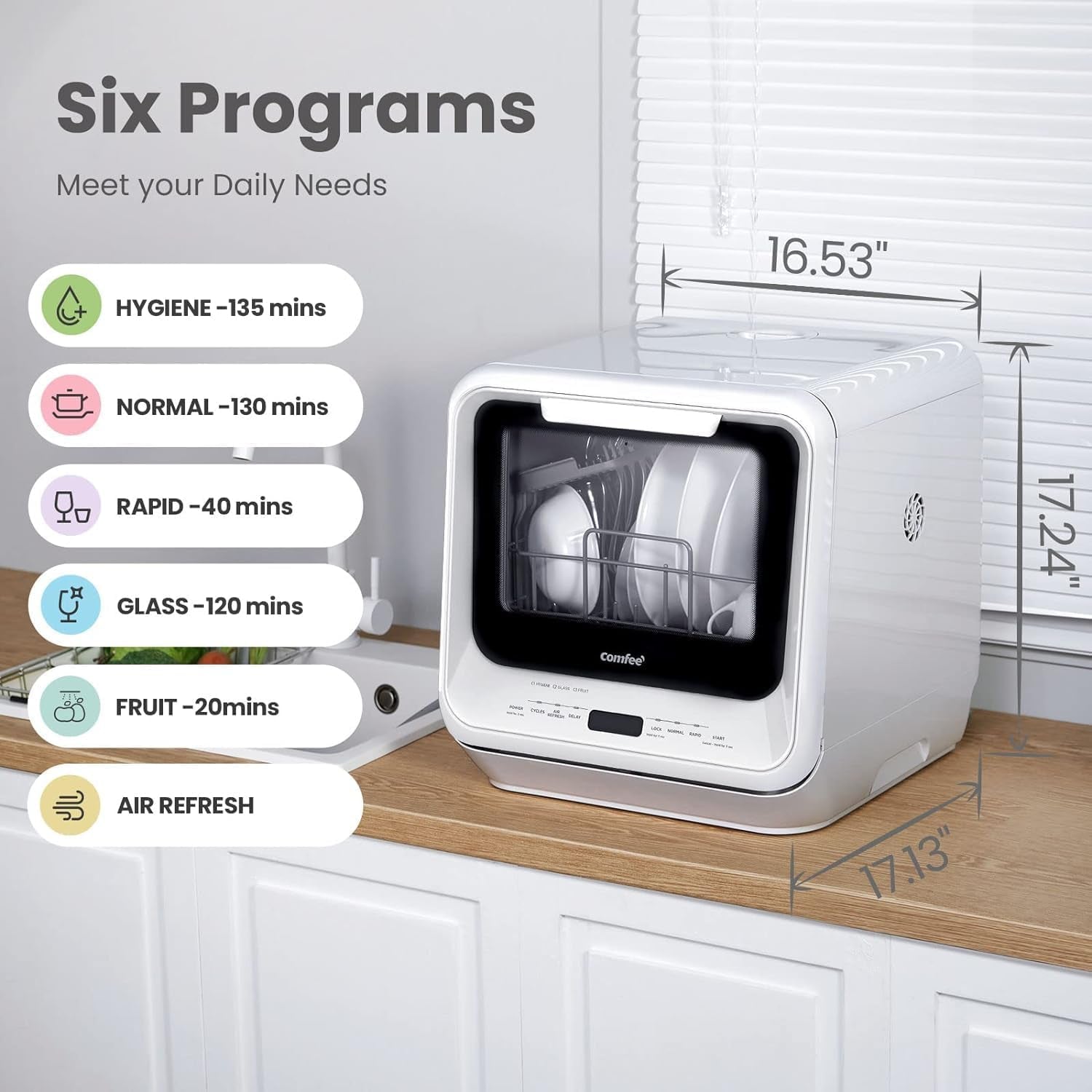 Portable Dishwasher Countertop with 5L Built-In Water Tank, No Hookup Needed, 6 Programs, 360° Dual Spray, 192℉ High-Temp& Air-Dry Function, Mini Dishwasher for Rvs, White