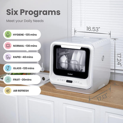 Portable Dishwasher Countertop with 5L Built-In Water Tank, No Hookup Needed, 6 Programs, 360° Dual Spray, 192℉ High-Temp& Air-Dry Function, Mini Dishwasher for Rvs, White