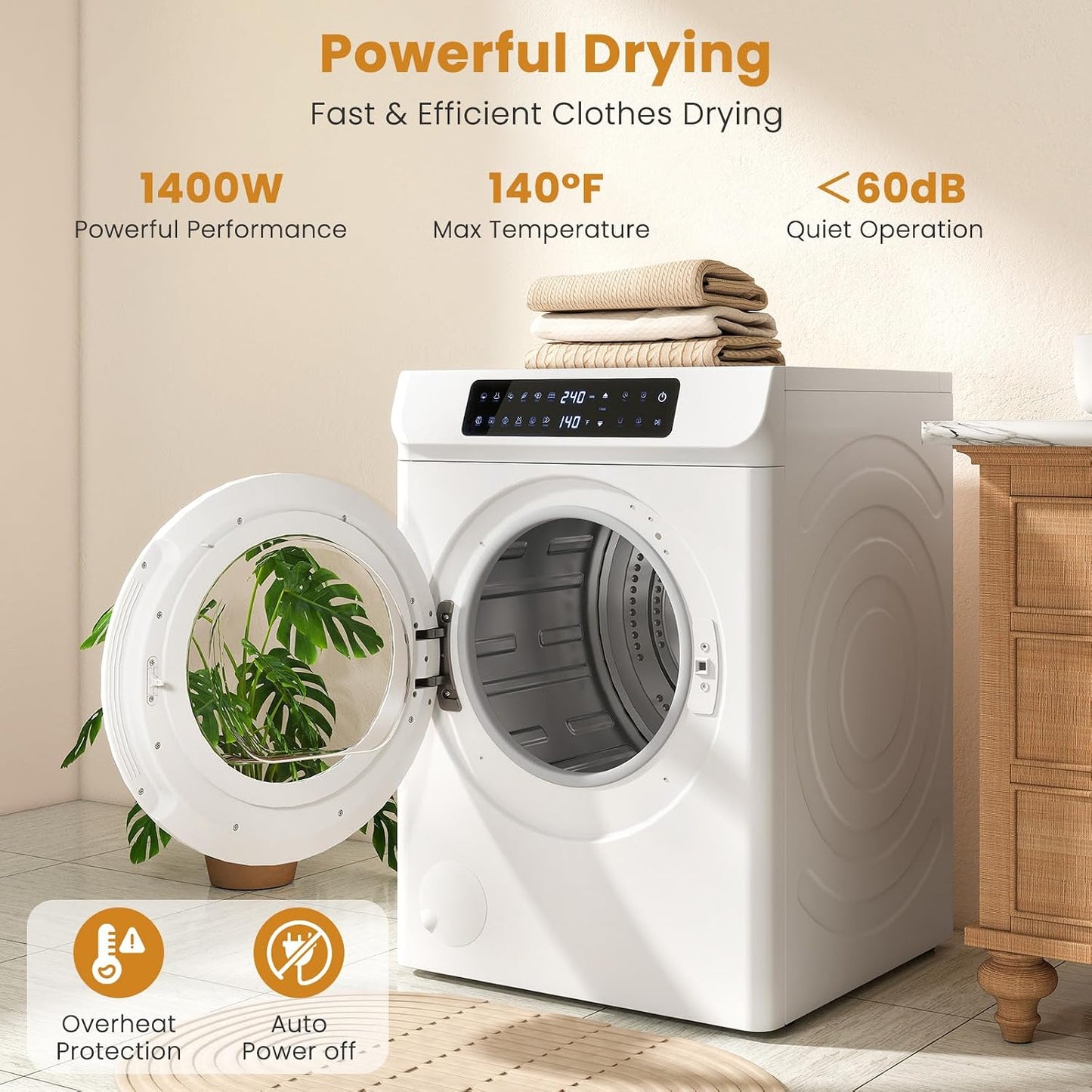 3.6 CU. FT Clothes Dryer, Large Capacity Laundry Dryer with 12 Drying Modes & Stainless Steel Tub, Dryer Machine, Electric Dryer with LED Control for Busy Family Home, White