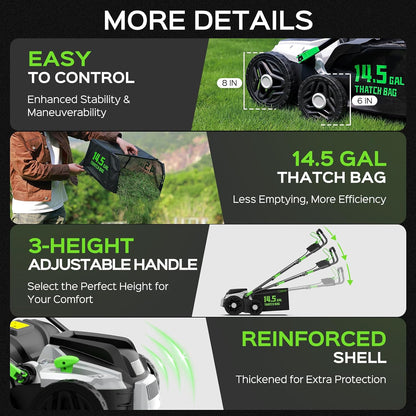 2026 Upgrade 16-Inch 15.5 Amp 2-In-1 Electric Dethatcher and Scarifier with 14.5-Gallon Collection Bag, Lawn Dethatcher with 5-Position Depth Adjustment, Keeps Lawn Healthy - Green