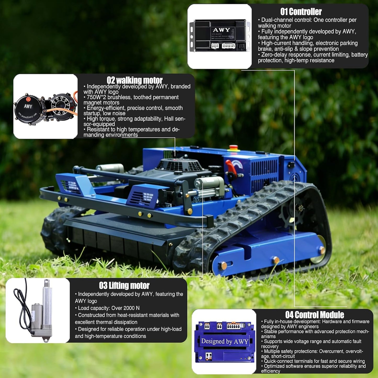 -Remote Control Lawn Mower,Oil-Electric Hybrid Crawler Track Mower,1.1-5.9 Inch Cutting Height Professional Landscape and Estate Mower for 100% Slope(45°) Large Turf Grass Cutting