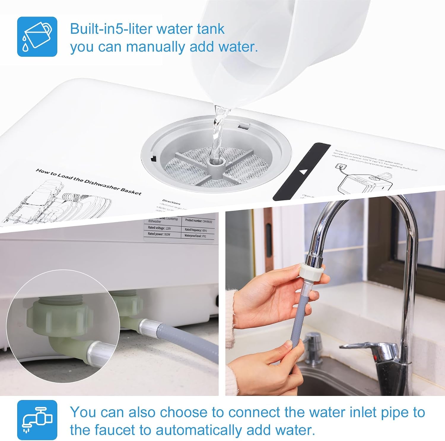 Countertop Dishwasher, Countertop Dishwasher with Water Tank, Dryer, Upper and Lower Double Spray Arms, 360-Degree Cleaning. Lavaplatos Can Also Be Connected to Faucets.