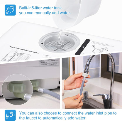 Countertop Dishwasher, Countertop Dishwasher with Water Tank, Dryer, Upper and Lower Double Spray Arms, 360-Degree Cleaning. Lavaplatos Can Also Be Connected to Faucets.