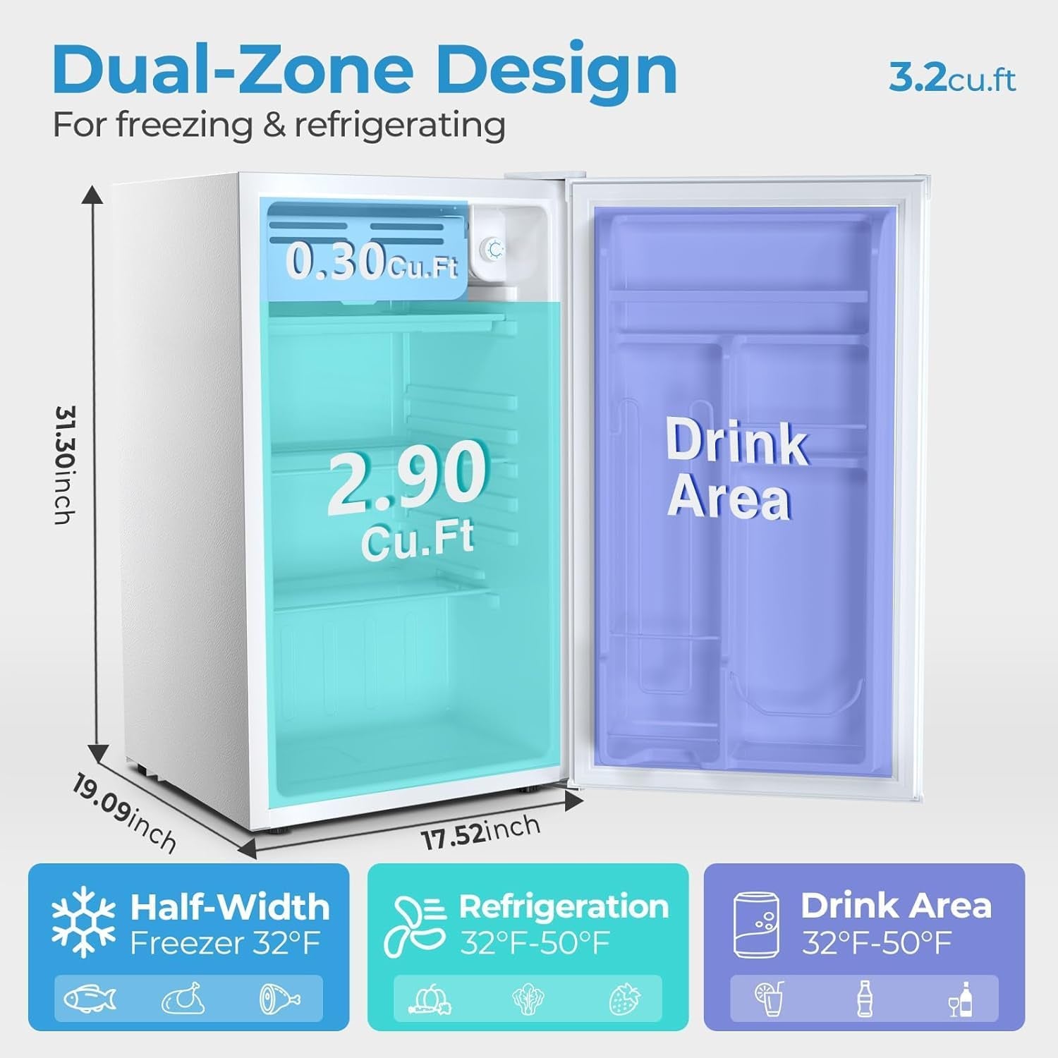 3.2 Cu.Ft Mini Fridge with Freezer, Freestanding Compact Refrigerator with Reversible Door & 7-Speed Thermostat, Small Fridge for Office, Apartment, Gameroom (WHITE)