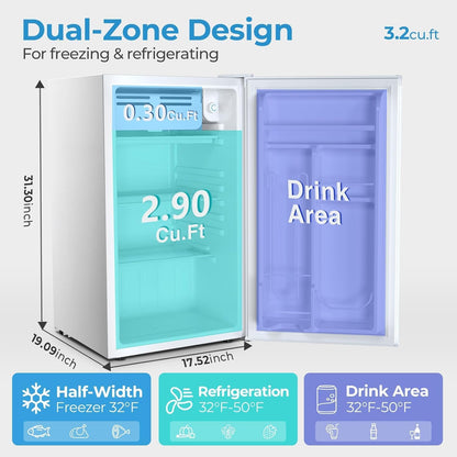 3.2 Cu.Ft Mini Fridge with Freezer, Freestanding Compact Refrigerator with Reversible Door & 7-Speed Thermostat, Small Fridge for Office, Apartment, Gameroom (WHITE)