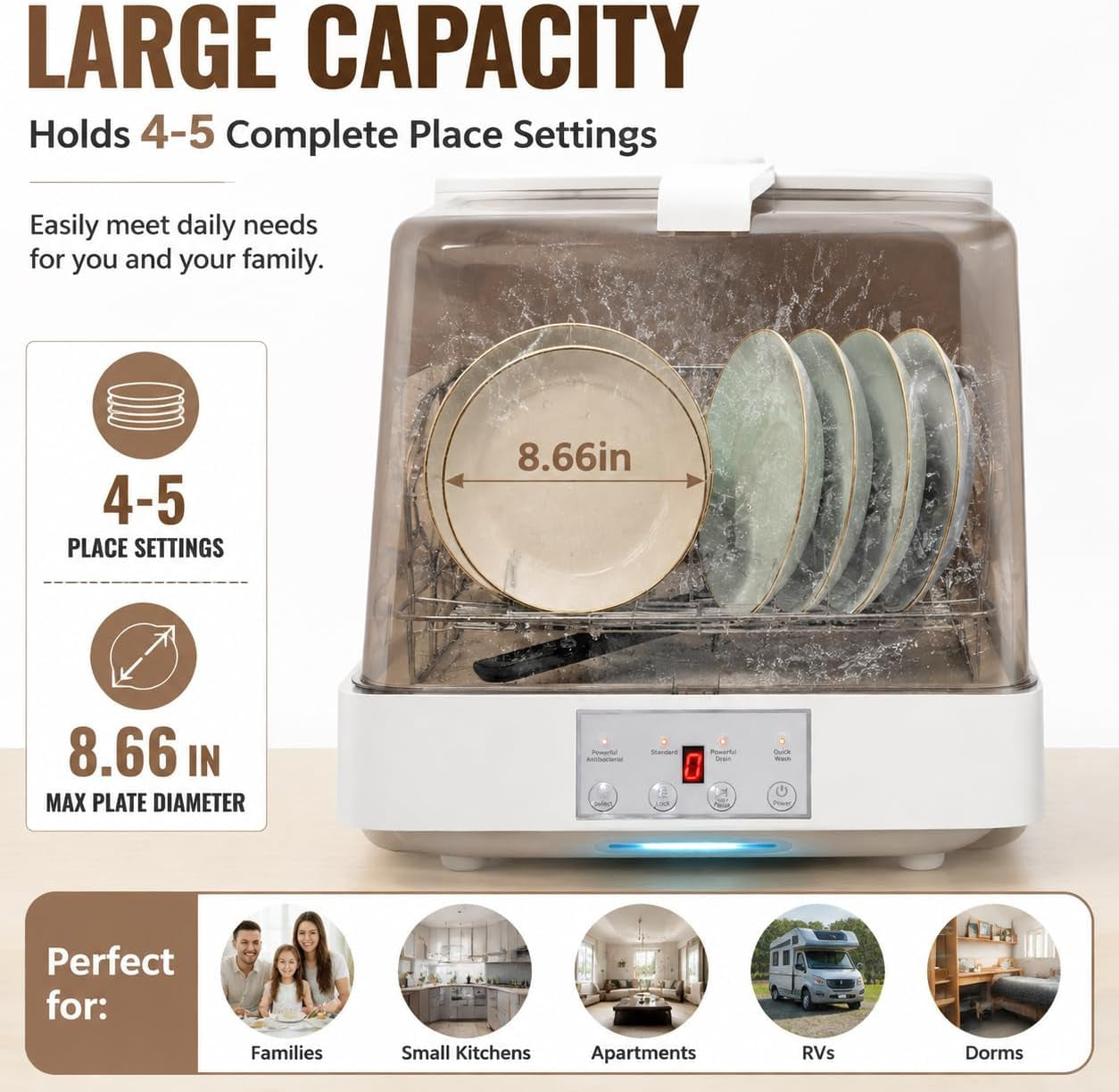 Portable Countertop Dishwasher with Water Tank,3 Modes Mini Multi-Functional Dishwasher, 149°F High-Temp Wash & 360° Spray, Compact Automatic Dishwasher for Apartments, Dorms, Rvs(White/Brown)