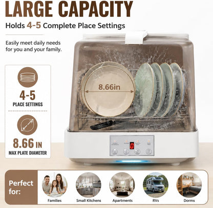 Portable Countertop Dishwasher with Water Tank,3 Modes Mini Multi-Functional Dishwasher, 149°F High-Temp Wash & 360° Spray, Compact Automatic Dishwasher for Apartments, Dorms, Rvs(White/Brown)