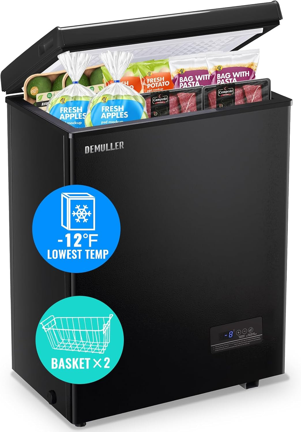 Chest Freezer 4.0 CU. FT Ultra-Low Temperature Deep Freezers (Down to -12 ℉) with TWO Removable Baskets Accurate Display of Cabinet Temp Freestanding Black