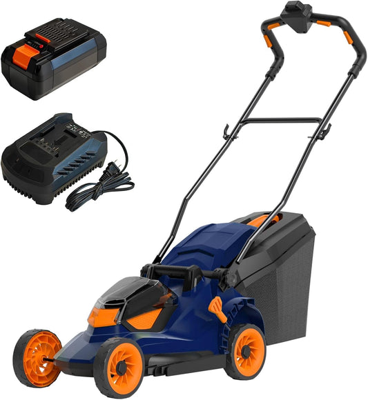30V Lawn Mower with 15'' Cutting Deck and Foldable Handle, Quiet Electric Mower with Charger