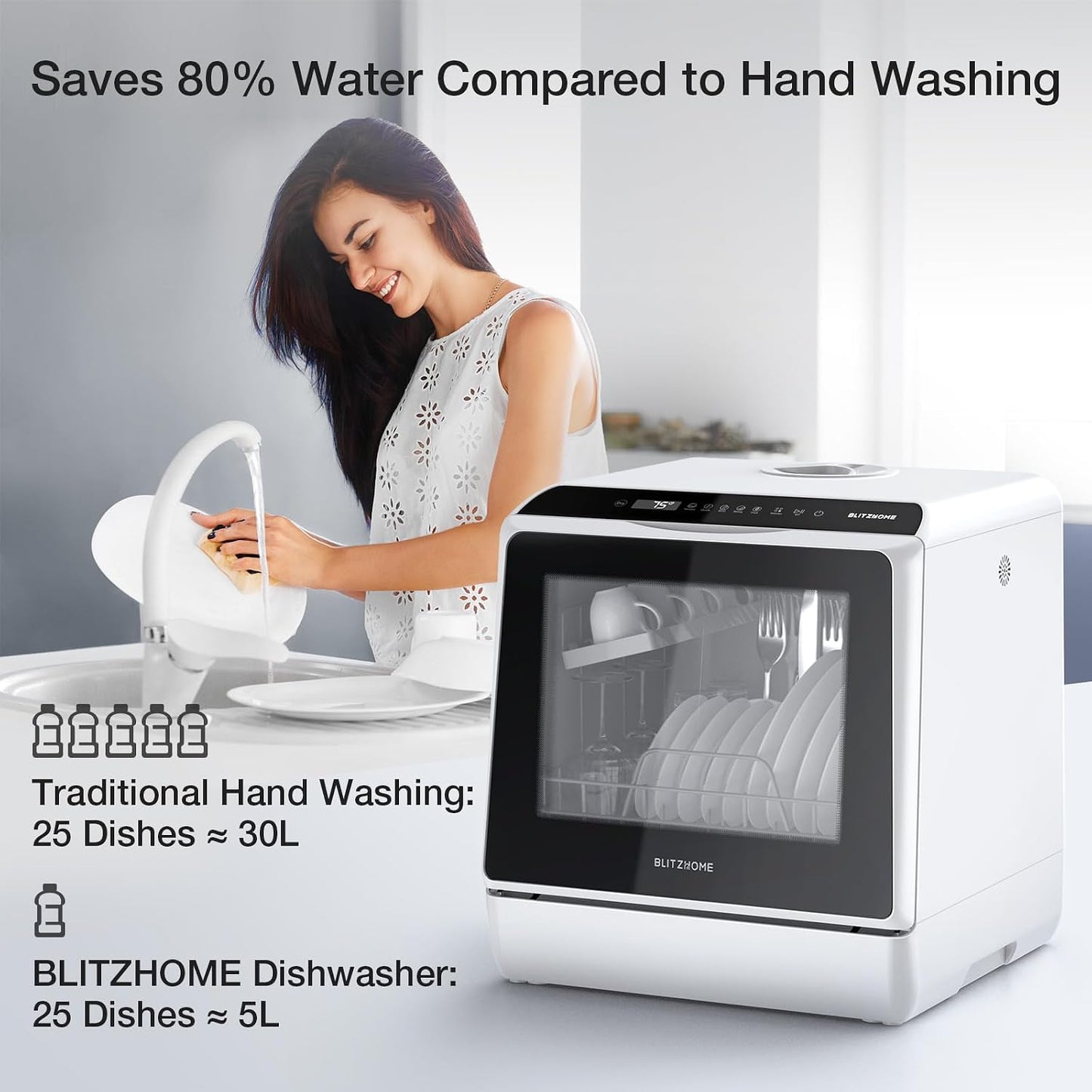 Portable Dishwasher Countertop, WIFI Smart Dishwasher, Compact Dishwashers with 5L Built-In Water Tank, 6 Programs, 360° Dual Spray, High-Temp& Air-Dry Function, Fruit Cleaning