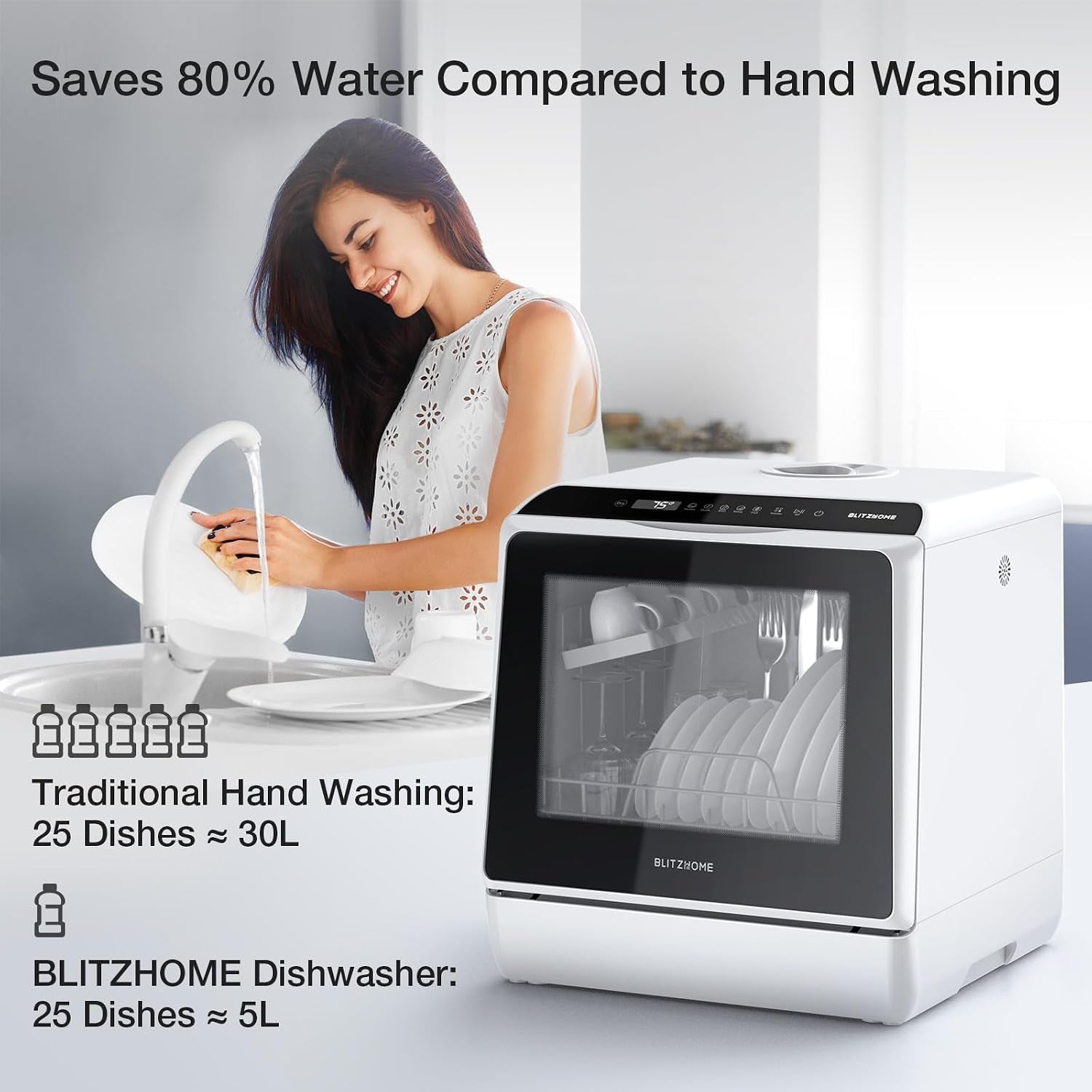 Portable Dishwasher Countertop, WIFI Smart Dishwasher, Compact Dishwashers with 5L Built-In Water Tank, 6 Programs, 360° Dual Spray, High-Temp& Air-Dry Function, Fruit Cleaning
