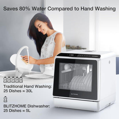 Portable Dishwasher Countertop, WIFI Smart Dishwasher, Compact Dishwashers with 5L Built-In Water Tank, 6 Programs, 360° Dual Spray, High-Temp& Air-Dry Function, Fruit Cleaning