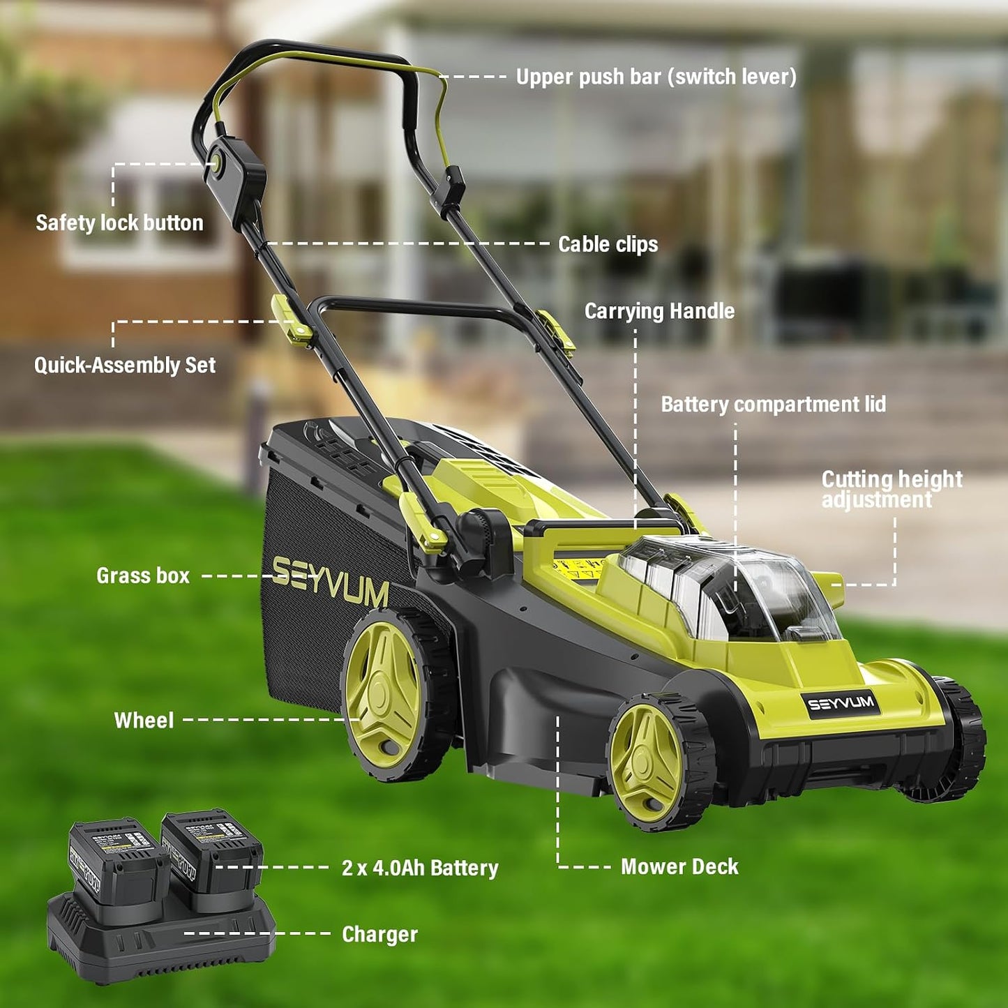 40V 16" Cordless Lawn Mower with 2×4.0Ah Battery, 45L Collection Bag