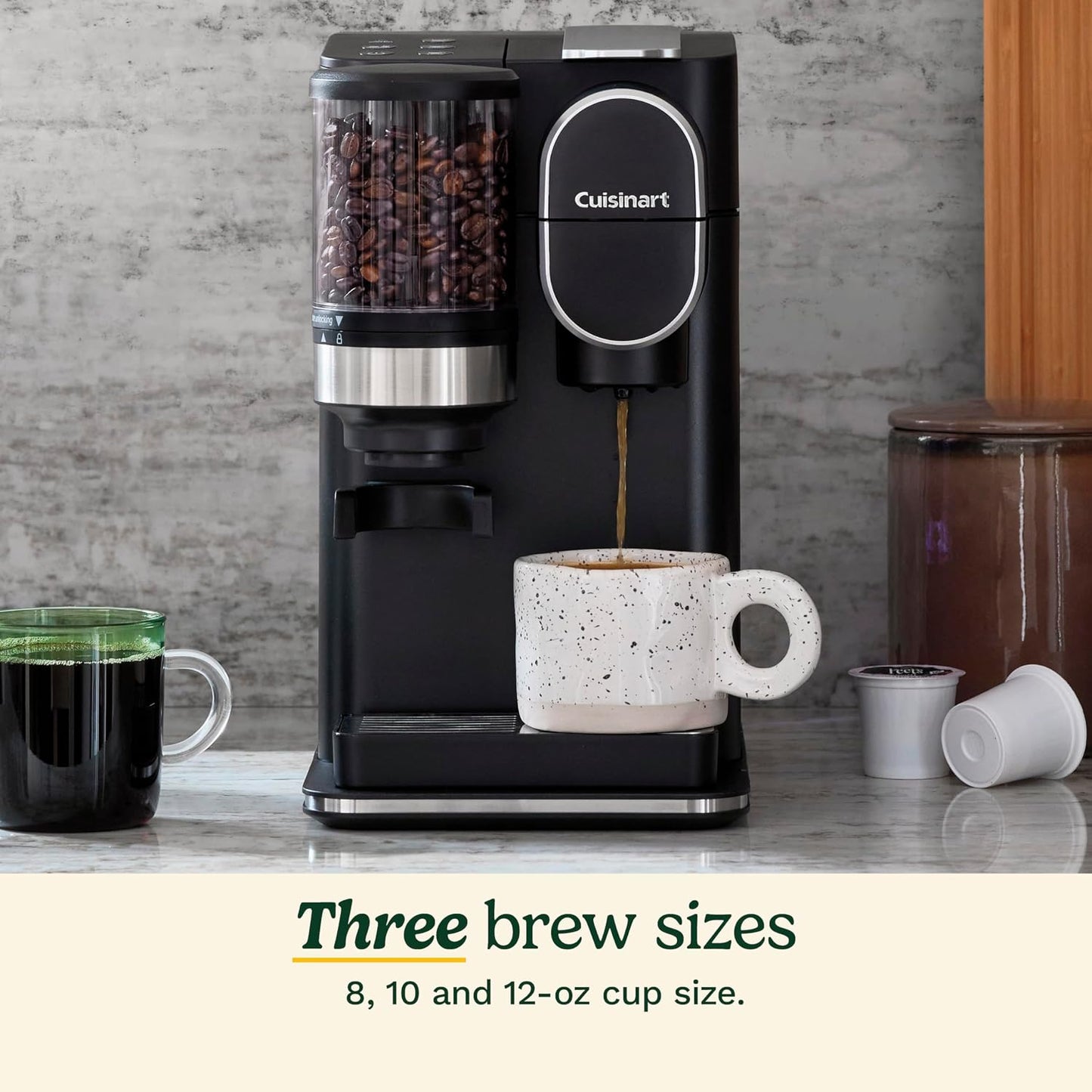 Single-Serve Coffee Maker + Coffee Grinder with 8 Oz., 10 Oz., and 12 Oz. Serving Size, Compatible with Single-Cup Pods, 48-Ounce Removable Reservoir, Stainless Steel, DGB-2