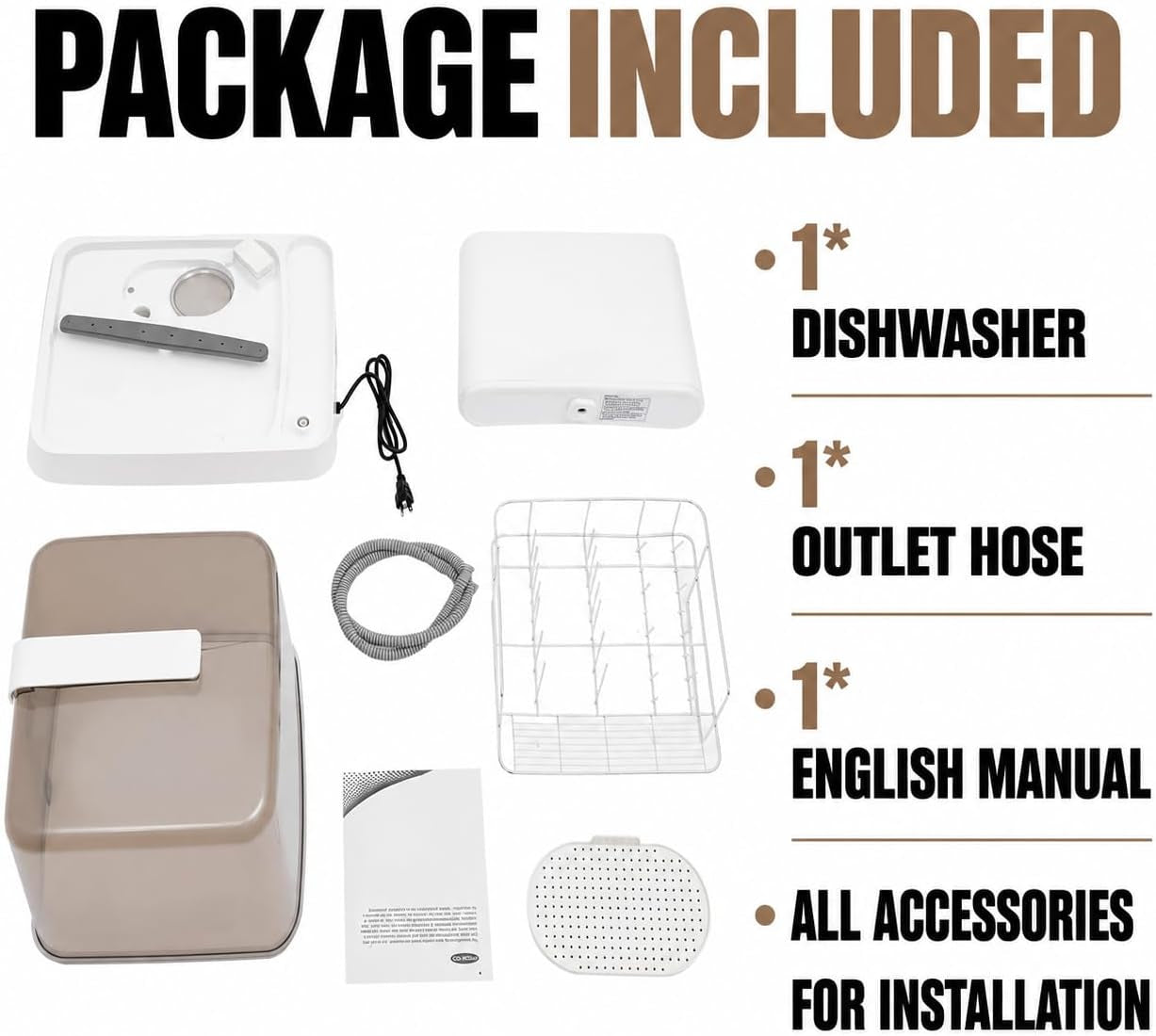 Portable Countertop Dishwasher with Water Tank,3 Modes Mini Multi-Functional Dishwasher, 149°F High-Temp Wash & 360° Spray, Compact Automatic Dishwasher for Apartments, Dorms, Rvs(White/Brown)