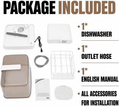 Portable Countertop Dishwasher with Water Tank,3 Modes Mini Multi-Functional Dishwasher, 149°F High-Temp Wash & 360° Spray, Compact Automatic Dishwasher for Apartments, Dorms, Rvs(White/Brown)