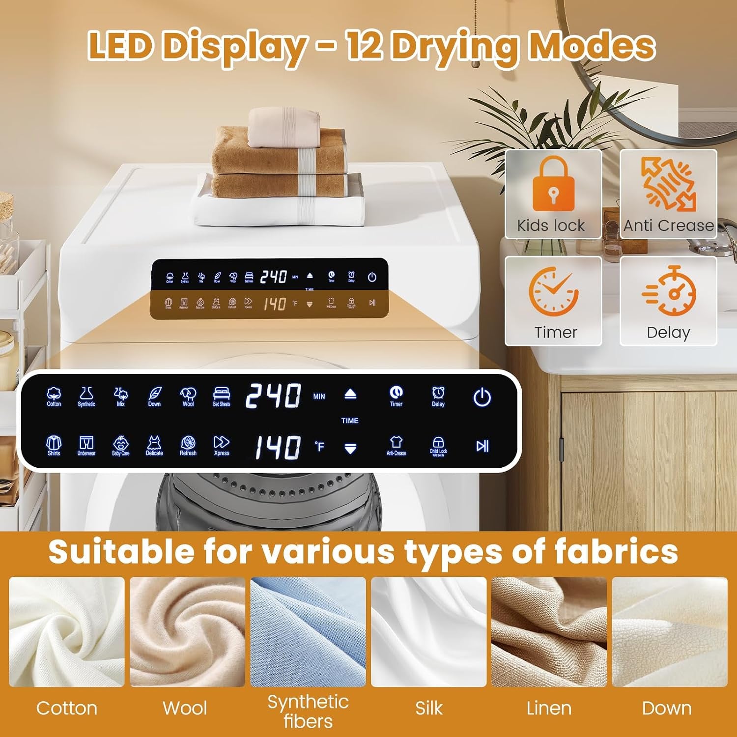 3.6 CU. FT Clothes Dryer, Large Capacity Laundry Dryer with 12 Drying Modes & Stainless Steel Tub, Dryer Machine, Electric Dryer with LED Control for Busy Family Home, White
