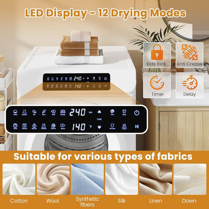3.6 CU. FT Clothes Dryer, Large Capacity Laundry Dryer with 12 Drying Modes & Stainless Steel Tub, Dryer Machine, Electric Dryer with LED Control for Busy Family Home, White