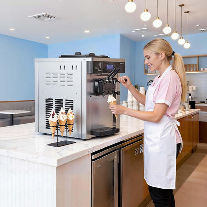 Commercial Ice Cream Machine, 20-28L/H Yield, 2200W 3-Flavor Countertop Soft Serve Ice Cream Maker with 2 X 6L Hoppers & Hopper Agitation, Pre-Cooling Self-Cleaning for Snack Dessert Shops