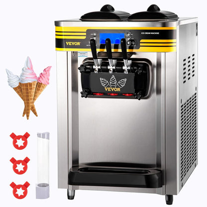 Commercial Ice Cream Maker, 22-30L/H Yield, Countertop Soft Serve Machine with 2X6L Hopper 2L Cylinder LCD Panel Puffing Shortage Alarm, Frozen Yogurt Maker for Restaurant Snack Bar