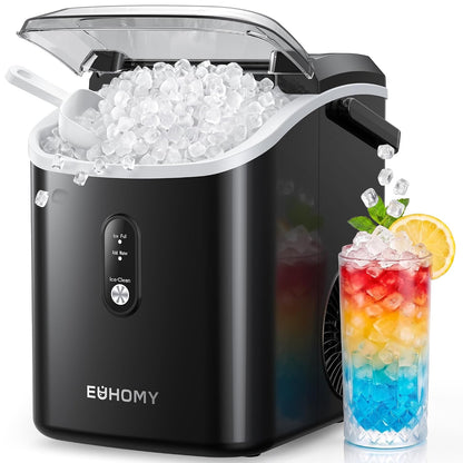 Nugget Ice Maker Countertop with Handle, Ready in 6 Mins, 34Lbs per Day, Removable Top Cover, Auto-Cleaning, Portable Sonic Ice Maker with Basket and Scoop, for Home/Party/Rv/Camping (Black)