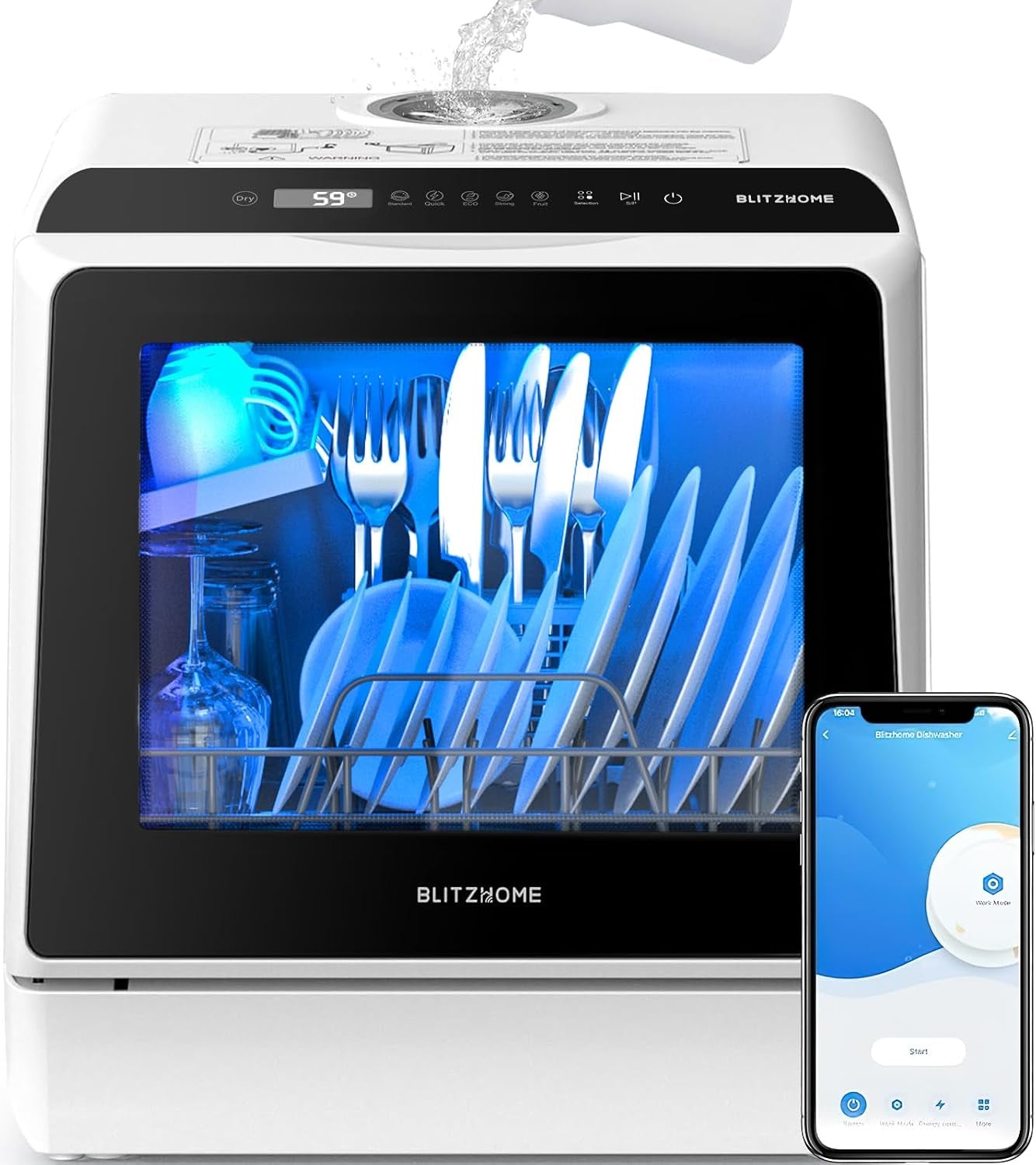 Portable Dishwasher Countertop, WIFI Smart Dishwasher, Compact Dishwashers with 5L Built-In Water Tank, 6 Programs, 360° Dual Spray, High-Temp& Air-Dry Function, Fruit Cleaning