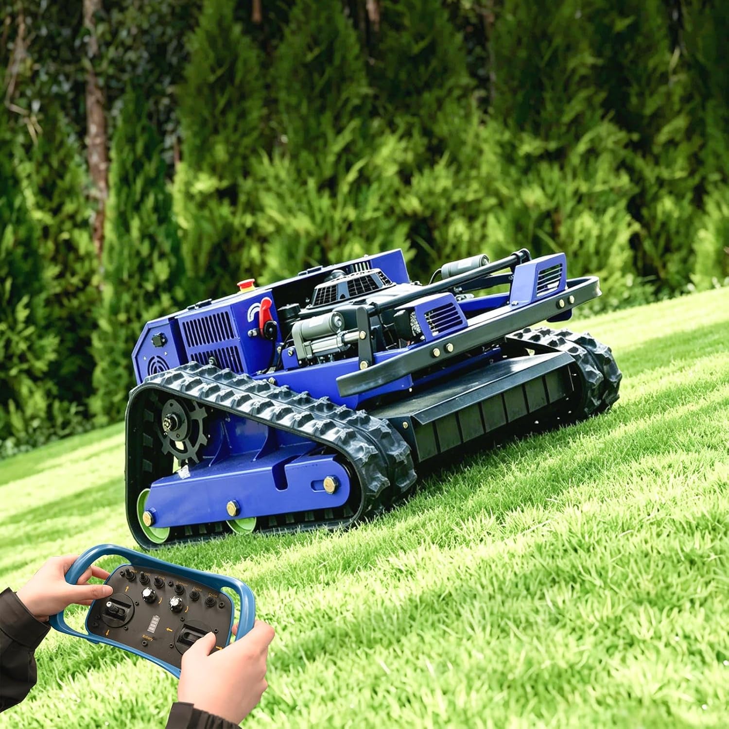 -Remote Control Lawn Mower,Oil-Electric Hybrid Crawler Track Mower,1.1-5.9 Inch Cutting Height Professional Landscape and Estate Mower for 100% Slope(45°) Large Turf Grass Cutting