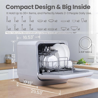Portable Dishwasher Countertop with 5L Built-In Water Tank, No Hookup Needed, 6 Programs, 360° Dual Spray, 192℉ High-Temp& Air-Dry Function, Mini Dishwasher for Rvs, White