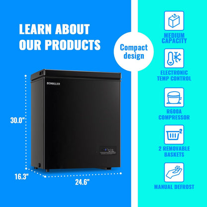 Chest Freezer 4.0 CU. FT Ultra-Low Temperature Deep Freezers (Down to -12 ℉) with TWO Removable Baskets Accurate Display of Cabinet Temp Freestanding Black