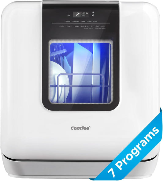 Countertop Dishwasher, Portable Dishwasher with 6L Built-In Water Tank, Mini Dishwasher with More Space Inside, 7 Programs, UV Hygiene& Auto Door Open, for Apartments, Dorms& Rvs, White