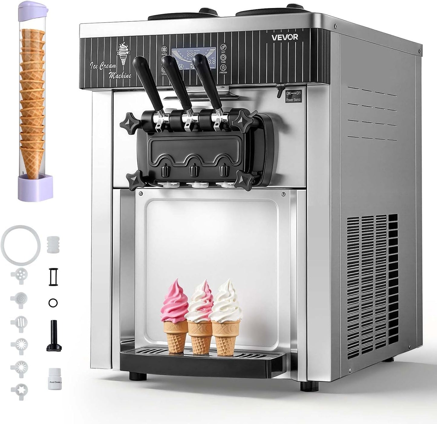 Commercial Ice Cream Machine, 20-28L/H Yield, 2200W 3-Flavor Countertop Soft Serve Ice Cream Maker with 2 X 6L Hoppers & Hopper Agitation, Pre-Cooling Self-Cleaning for Snack Dessert Shops
