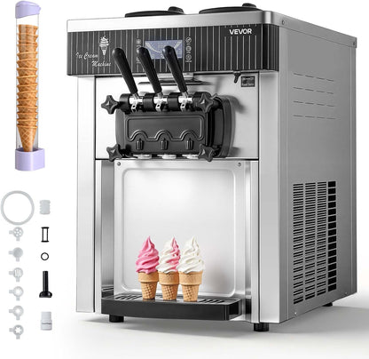 Commercial Ice Cream Machine, 20-28L/H Yield, 2200W 3-Flavor Countertop Soft Serve Ice Cream Maker with 2 X 6L Hoppers & Hopper Agitation, Pre-Cooling Self-Cleaning for Snack Dessert Shops