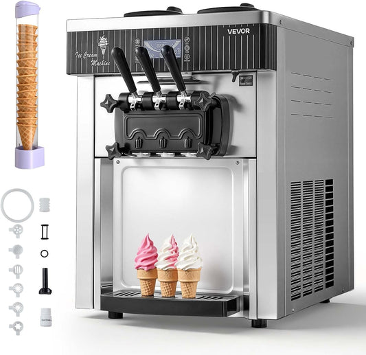Commercial Ice Cream Machine, 20-28L/H Yield, 2200W 3-Flavor Countertop Soft Serve Ice Cream Maker with 2 X 6L Hoppers & Hopper Agitation, Pre-Cooling Self-Cleaning for Snack Dessert Shops