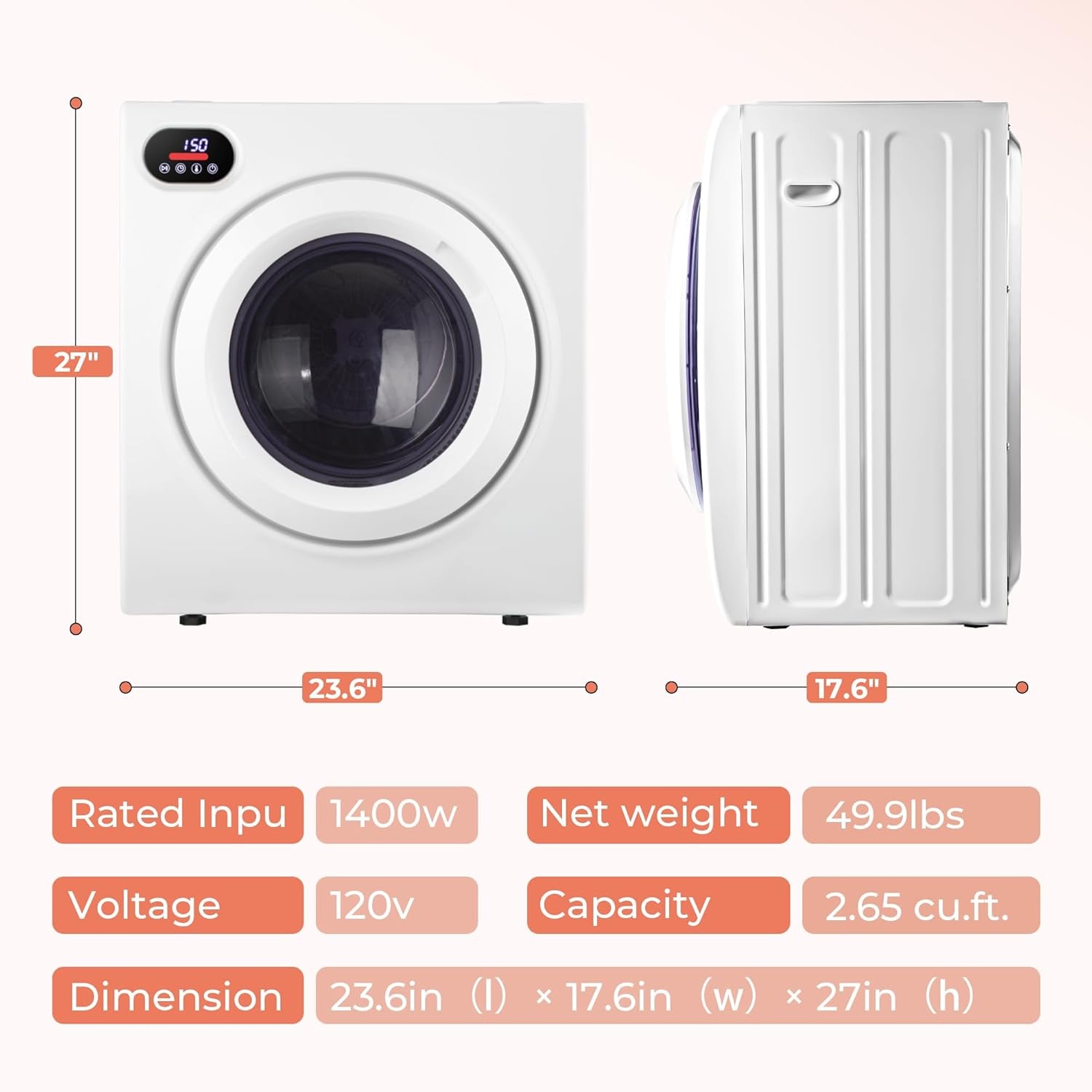 2.65 Cu. Ft. Portable Dryer for Clothes, 1400W Dryer with LCD Panel