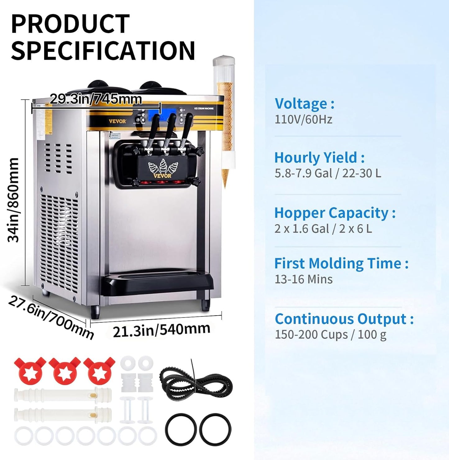 Commercial Ice Cream Maker, 22-30L/H Yield, Countertop Soft Serve Machine with 2X6L Hopper 2L Cylinder LCD Panel Puffing Shortage Alarm, Frozen Yogurt Maker for Restaurant Snack Bar