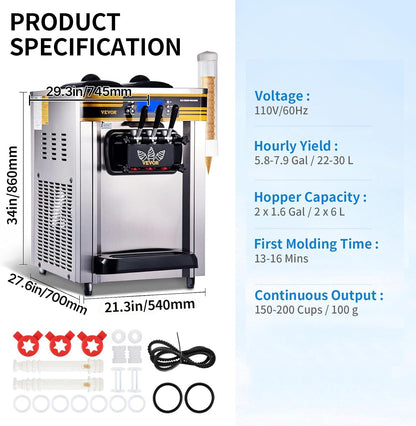 Commercial Ice Cream Maker, 22-30L/H Yield, Countertop Soft Serve Machine with 2X6L Hopper 2L Cylinder LCD Panel Puffing Shortage Alarm, Frozen Yogurt Maker for Restaurant Snack Bar