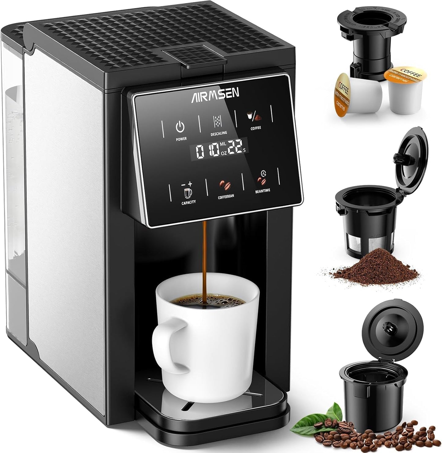 Grind and Brew Coffee Maker, Single Serve with Built-In Grinder, Compatible with K-Cup Pods & Ground Coffee, 1000W Fast 6-14 Oz Brewing, Touchscreen, 50 Oz Removable Tank