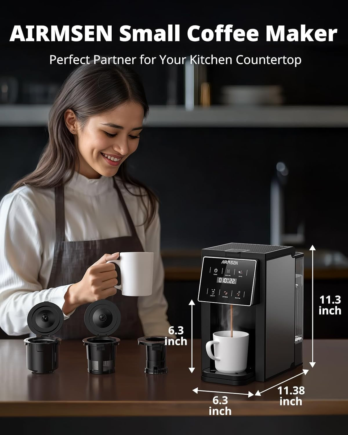 Grind and Brew Coffee Maker, Single Serve with Built-In Grinder, Compatible with K-Cup Pods & Ground Coffee, 1000W Fast 6-14 Oz Brewing, Touchscreen, 50 Oz Removable Tank