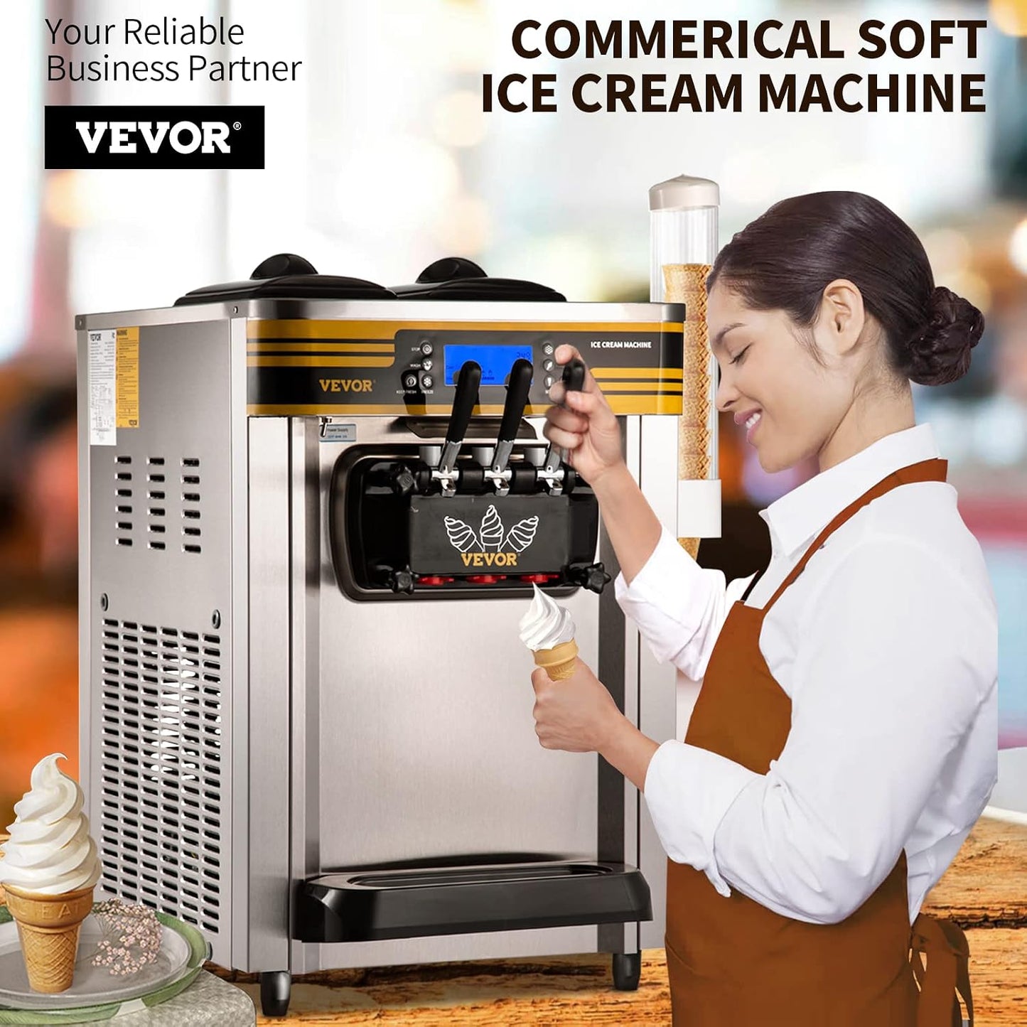 Commercial Ice Cream Maker, 22-30L/H Yield, Countertop Soft Serve Machine with 2X6L Hopper 2L Cylinder LCD Panel Puffing Shortage Alarm, Frozen Yogurt Maker for Restaurant Snack Bar