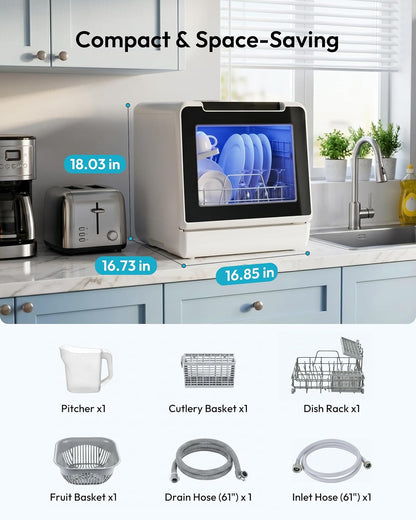 Countertop Dishwasher Portable, 8 Programs with 5L Tank, Black, 40Db