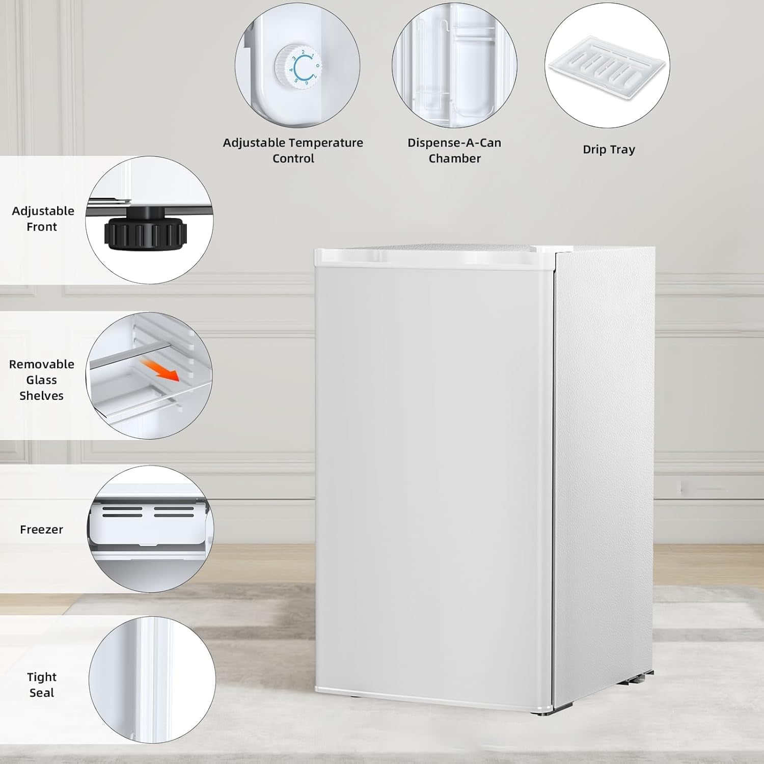 3.2 Cu.Ft Mini Fridge with Freezer, Freestanding Compact Refrigerator with Reversible Door & 7-Speed Thermostat, Small Fridge for Office, Apartment, Gameroom (WHITE)