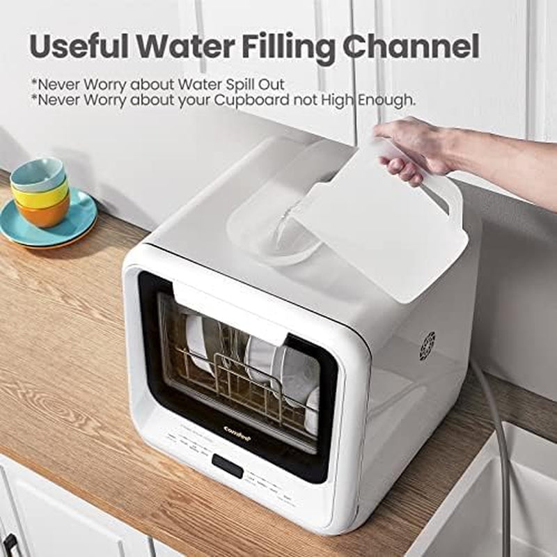 Portable Dishwasher Countertop with 5L Built-In Water Tank, No Hookup Needed, 6 Programs, 360° Dual Spray, 192℉ High-Temp& Air-Dry Function, Mini Dishwasher for Rvs, White