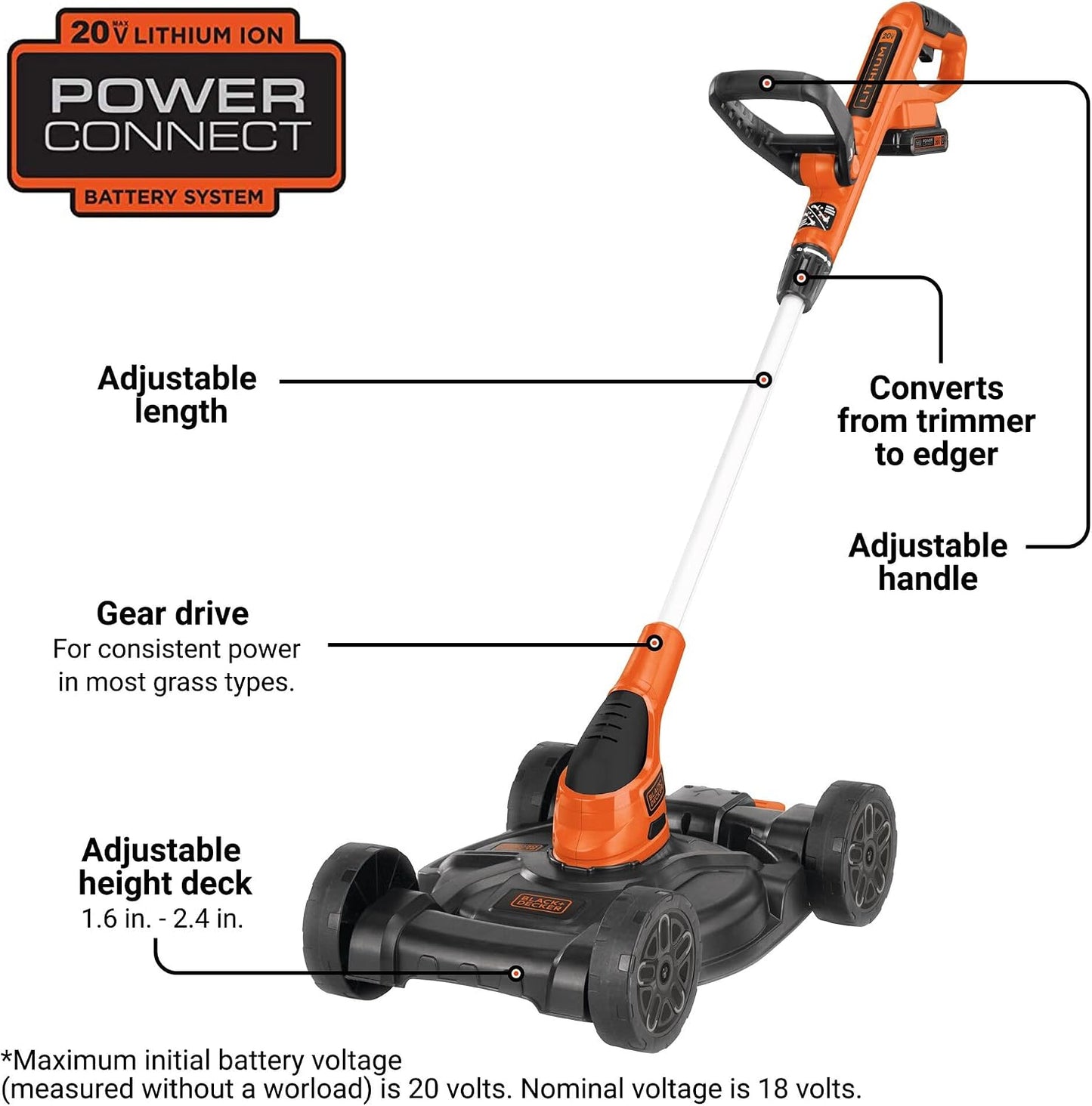 BLACK+DECKER Weed Eater, Lawn Edger and Cordless Lawn Mower 3 in 1 Combo, Includes (2) Batteries, Charger, 12 Inch Battery Powered String Trimmer and Lawnmower, Adjustable Length and Height (MTC220)