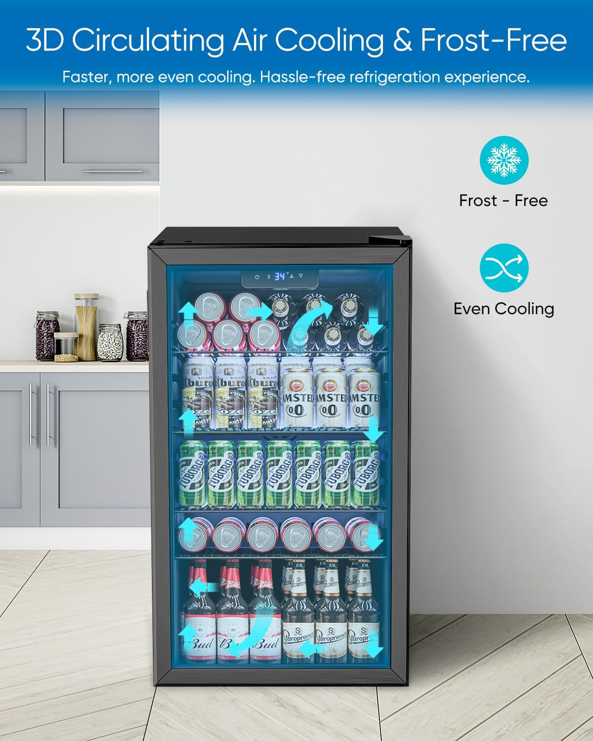 3.2 Cu.Ft Mini Fridge with Glass Door - 126 Can Beverage Refrigerator Cooler for Drink Beer Wine Soda, Small Fridge for Bedroom Office Bar Dorm, 4 Adjustable Shelves, Black